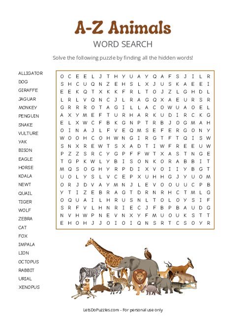 Free Printable A-Z Animals Word Search Puzzle
