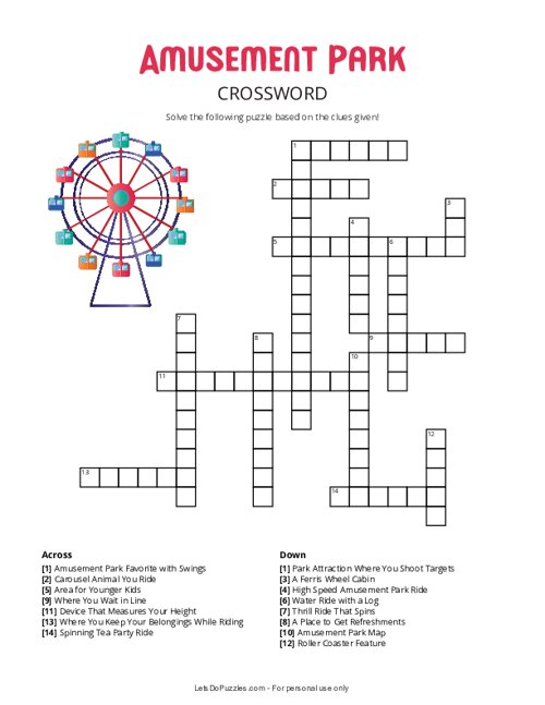 Free Printable Amusement Park Crossword
