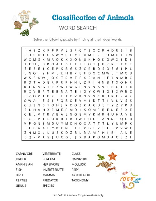 Classification of Animals Word Search