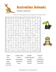 Australian Animals Word Search