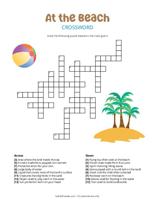 Free Printable At the Beach Crossword Puzzle