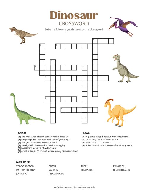 Free Printable Dinosaurs Crossword Puzzle