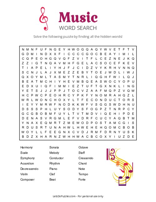 Music Word Searches Printable Music Word Searches Printable