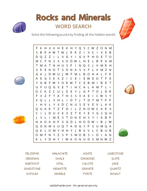 Rocks and Minerals Word Search