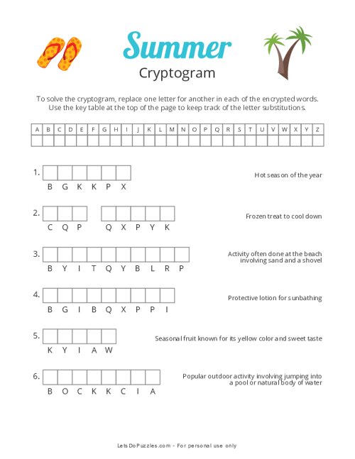 Free Summer Cryptogram Puzzle Printable Free Summer Cryptogram Puzzle Printable