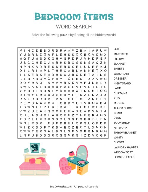 Bedroom Items Word Search