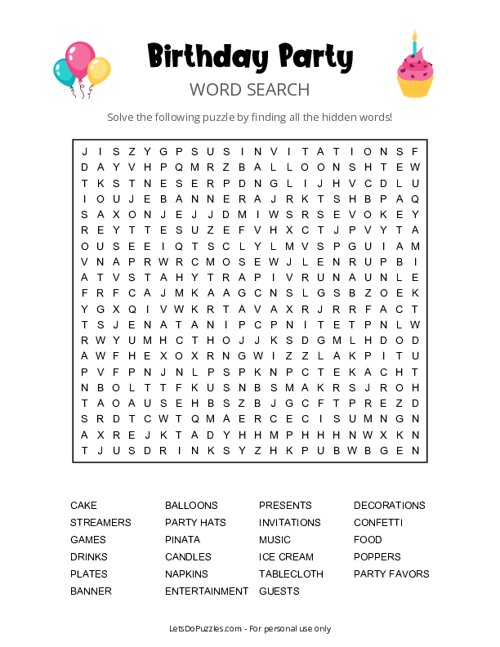 Birthday Party Word Search