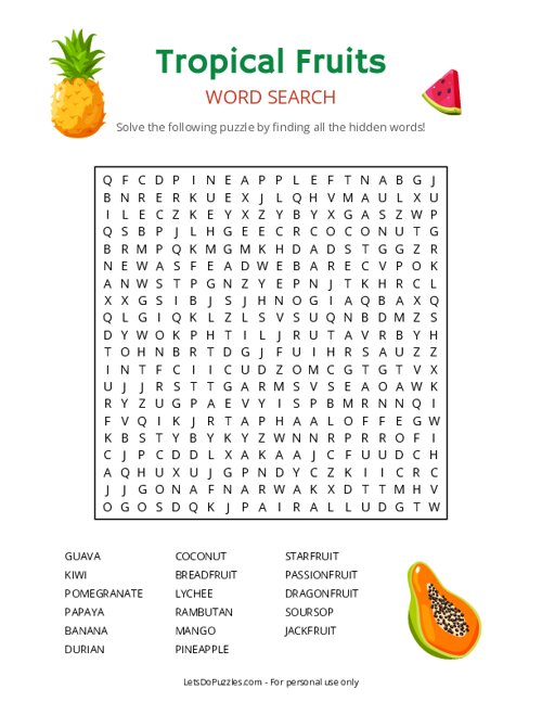 Tropical Fruits Word Search