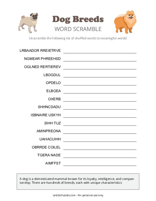 Dog Breeds Word Scramble