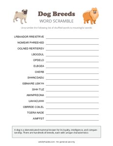 Dog Breeds Word Scramble