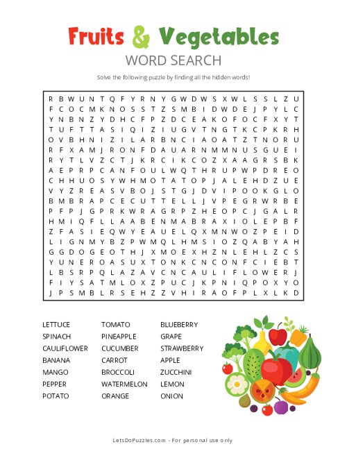 Fruits and Vegetables Word Search