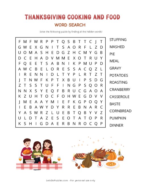 Thanksgiving Cooking and Food Word Search - Medium