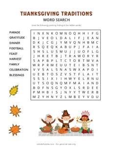 Thanksgiving Traditions Word Search - Easy