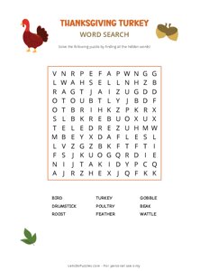 Thanksgiving Turkey Word Search - Easy