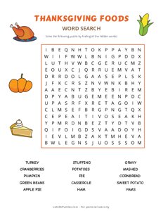 Thanksgiving Food Word Search - Easy