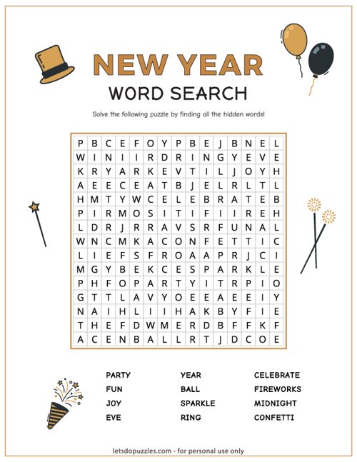 New Years Word Search - Easy