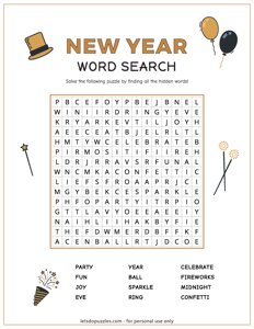 New Years Word Search - Easy