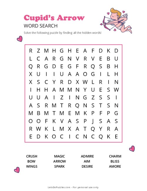 Cupids Arrow Valentine Word Search - Easy