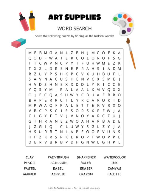 Art Supplies Word Search