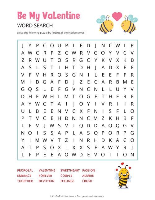 Be My Valentine Word Search - Very Hard