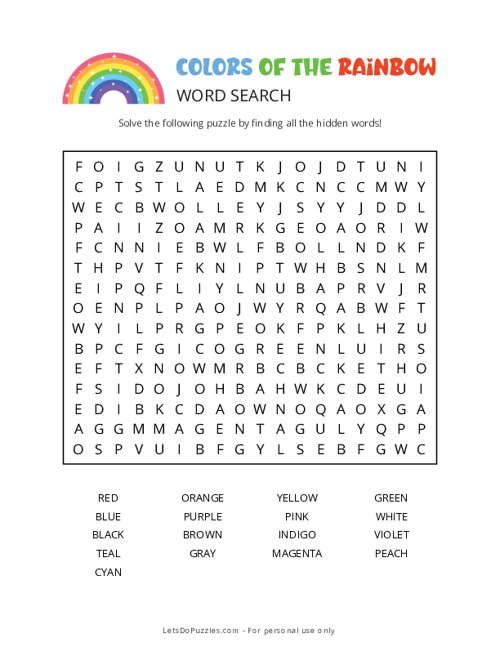 Colors of the Rainbow Word Search