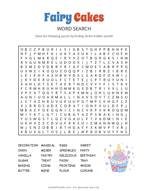 Fairy Cakes Word Search