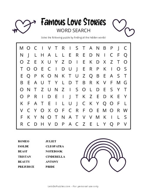 Famous Love Stories Word Search - Medium