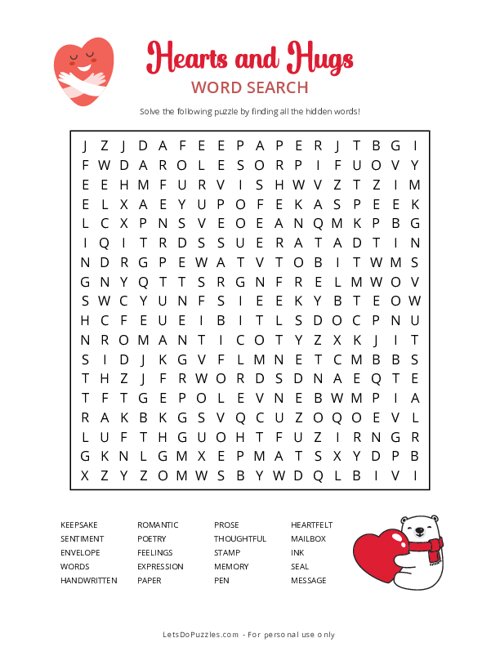 Hearts and Hugs Word Search - Hard