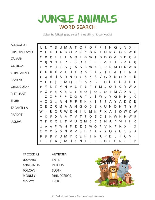 Jungle Animals Word Search