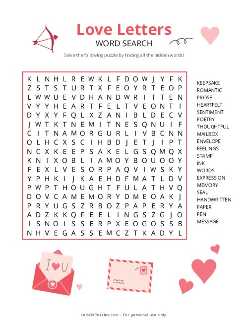 Valentine Love Letters Word Search - Medium