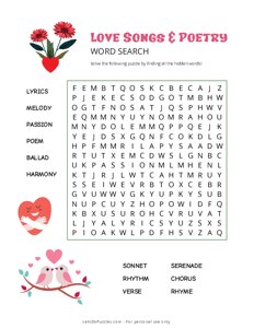 Love Songs & Poetry Word Search - Very Hard