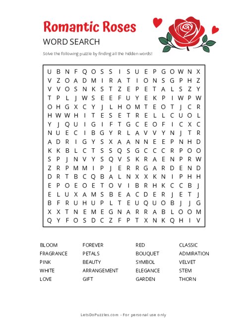 Romantic Roses Word Search - Hard