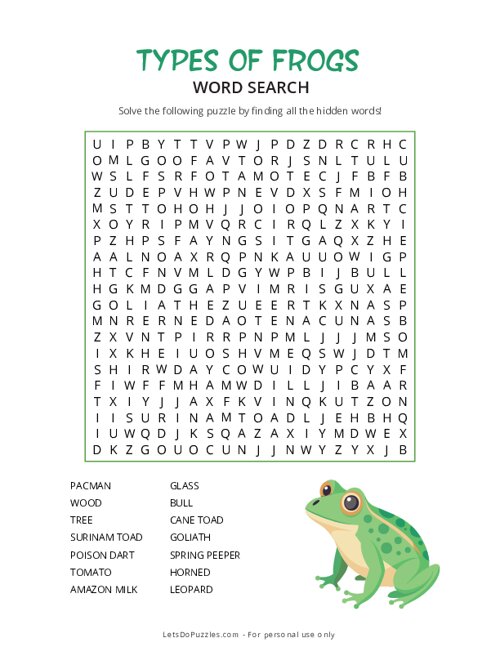 Types of Frogs Word Search