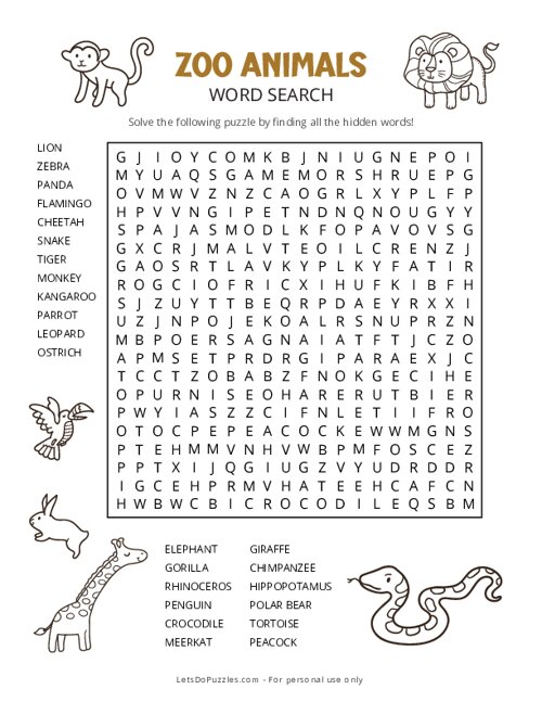 Zoo Animals Word Search