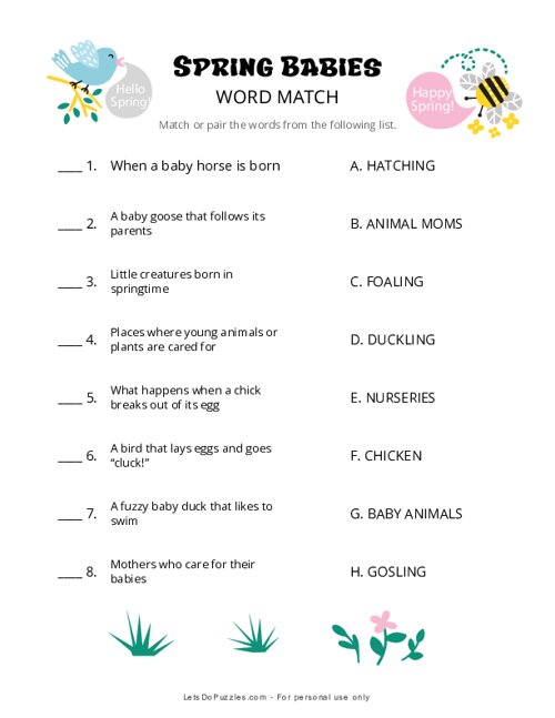 Spring Animal Babies Word Match