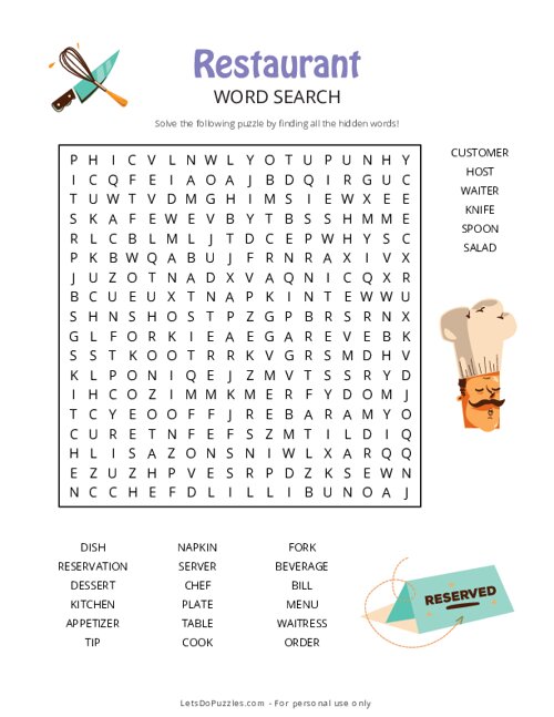 Restaurant Word Search
