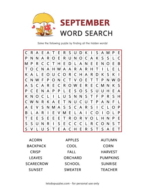 September Word Search
