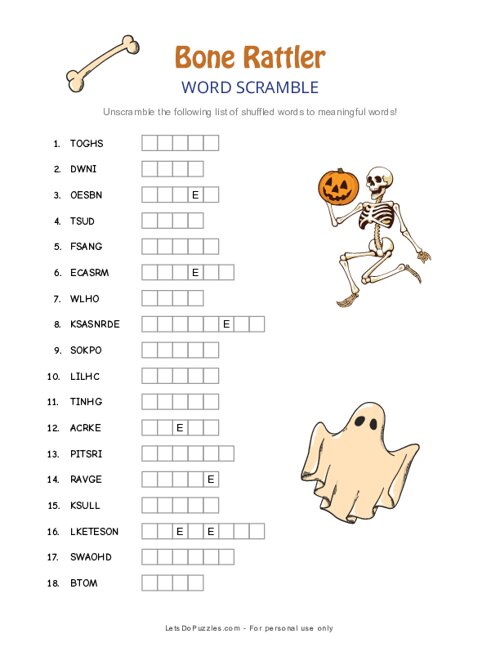 Bone Rattler Halloween Word Scramble