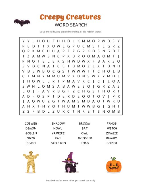 Creepy Creatures Word Search