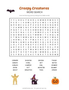 Creepy Creatures Word Search