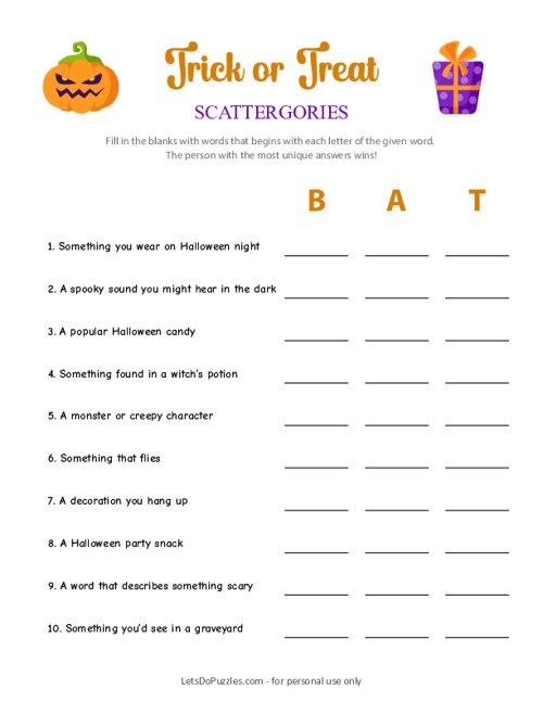 Trick or Treat Halloween Scattergories