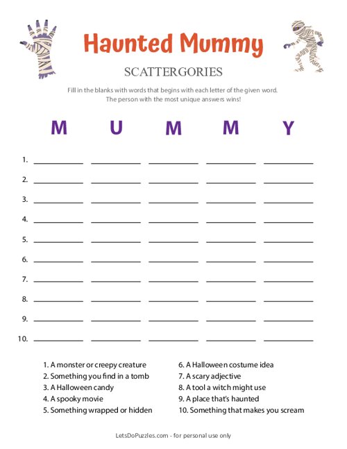 Haunted Mummy Halloween Scattergories