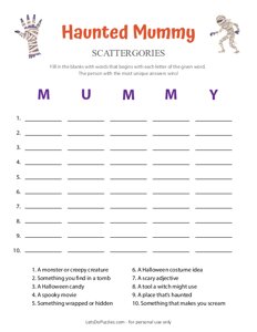 Haunted Mummy Halloween Scattergories