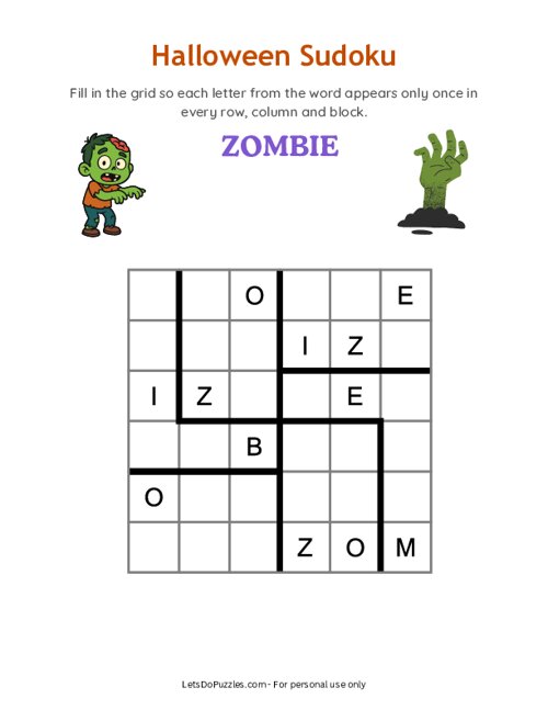 Halloween Word Sudoku - Zombie