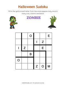 Halloween Word Sudoku - Zombie