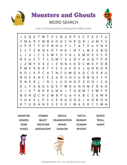 Monsters and Ghouls Word Search