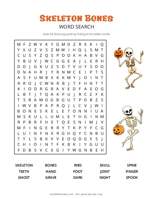 Skeleton Bones Word Search