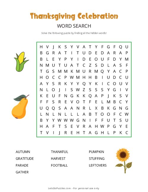 Thanksgiving Celebration Word Search