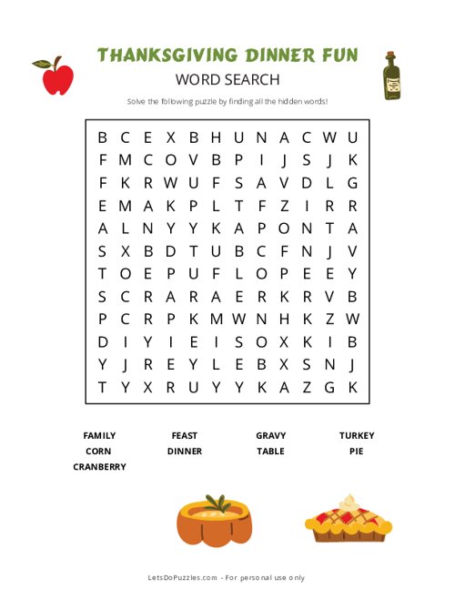 Thanksgiving Dinner Fun Word Search