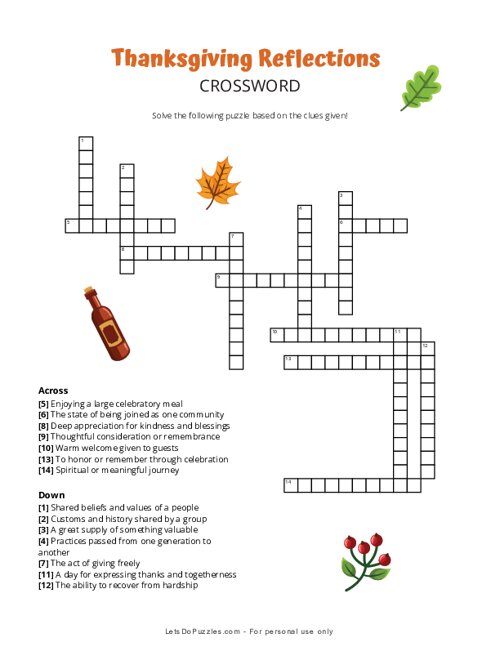 Thanksgiving Reflections Crossword